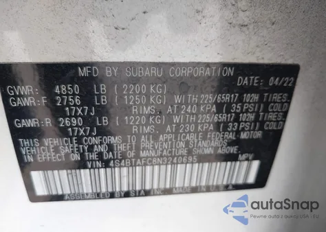 2022 Subaru Outback Premium z USA, uszkodzony, nr VIN 4S4BTAFC8N3240695